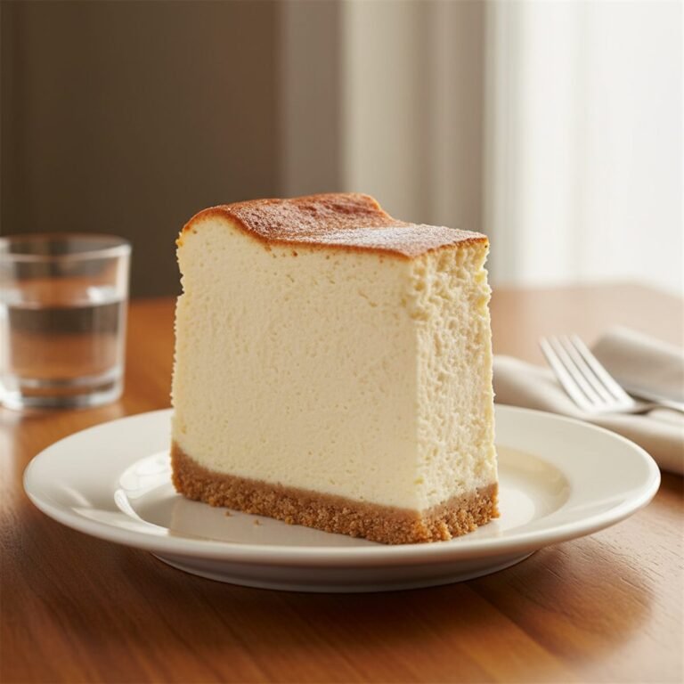 A tall dense New York cheesecake slice, ultra creamy with a golden top.