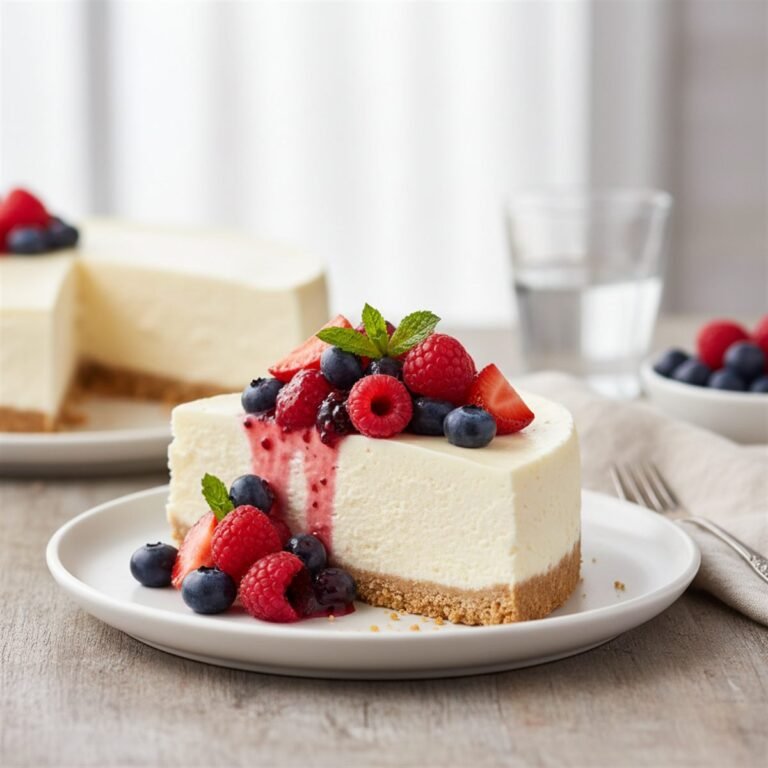 A creamy no-bake cheesecake slice on a graham crust topped with berries.