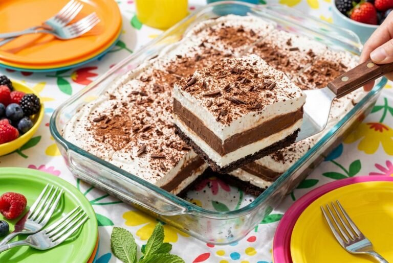 A 9x13 pan of layered no-bake chocolate lush with one square served, on a party table.