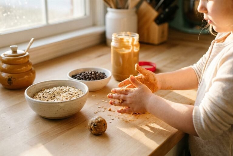 A child's hands rolling no-bake peanut butter energy bites at a kitchen counter.