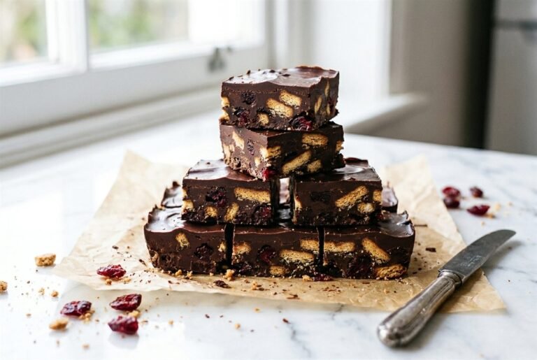 Squares of no-bake chocolate fridge cake studded with biscuit pieces, no cream cheese.