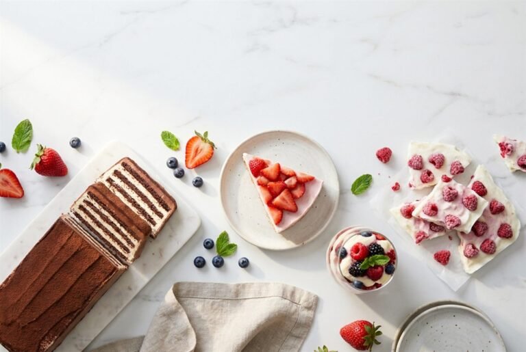 A spread of no-bake summer desserts on a white marble table: chocolate icebox cake, strawberry cheesecake, berry trifle and raspberry frozen yogurt bark
