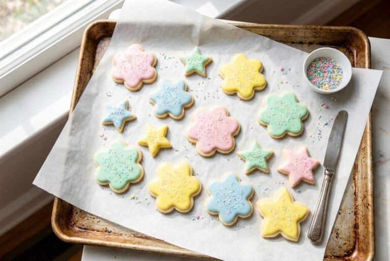 Soft cut-out sugar cookies decorated with pastel icing and sprinkles.