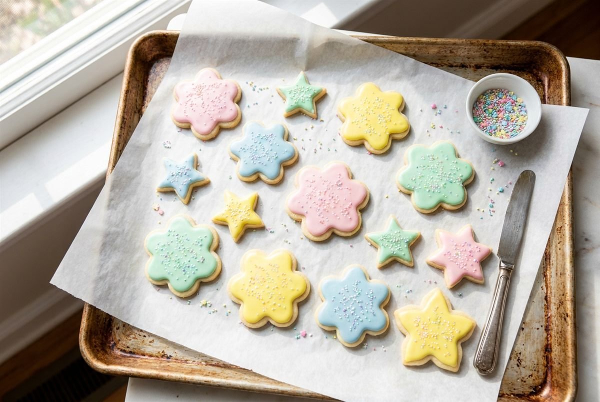 Soft cut-out sugar cookies decorated with pastel icing and sprinkles.