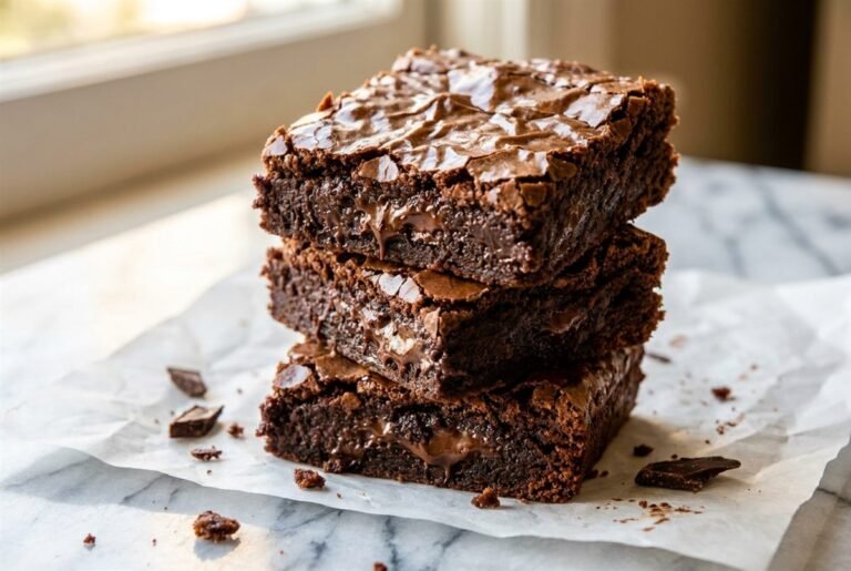 A stack of one-bowl fudgy brownies with a shiny crackly top and dense fudgy interior.