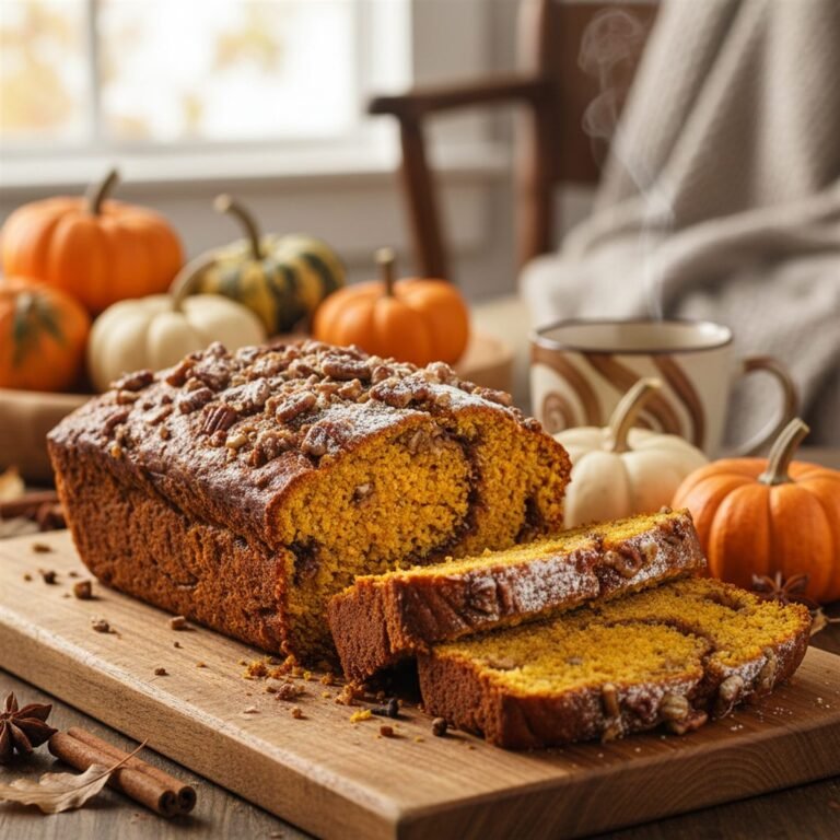 A sliced pumpkin bread loaf with a moist orange crumb and warm spices.