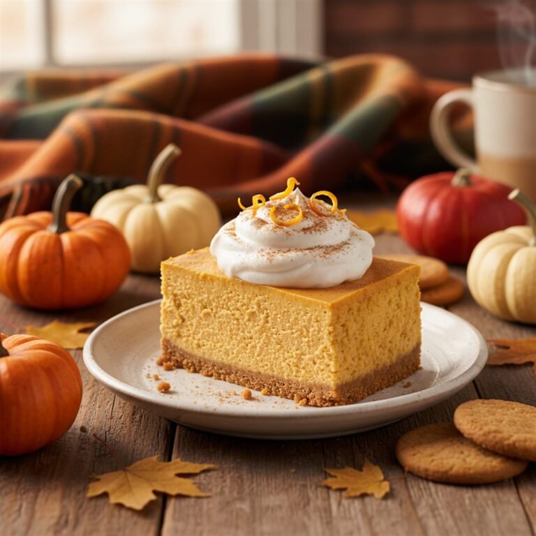 A slice of creamy pumpkin cheesecake on a gingersnap crust with whipped cream.