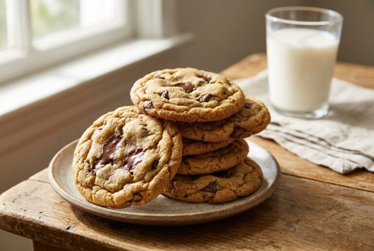 Six small-batch chocolate chip cookies with melty chocolate on a small plate.