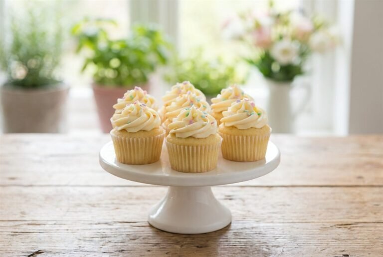 Six small-batch vanilla cupcakes with swirled frosting on a small stand.