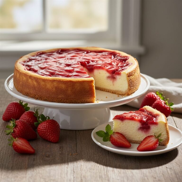 A creamy cheesecake with a red strawberry swirl marbled on top and fresh berries.