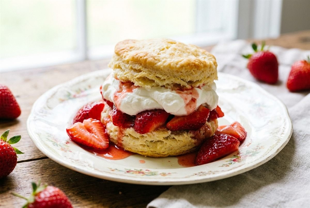 A strawberry shortcake stacked with a golden biscuit, whipped cream and juicy strawberries.