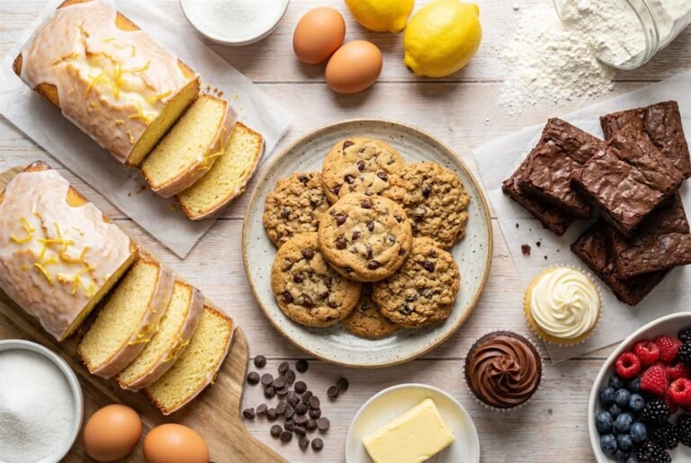 A tempting spread of home-baked treats including cookies, a loaf cake and cupcakes.
