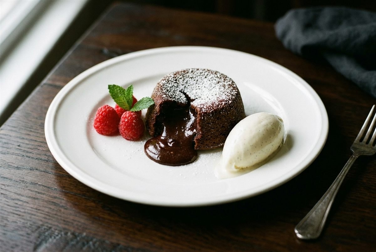 A plated molten chocolate lava cake dusted with sugar and served with berries.