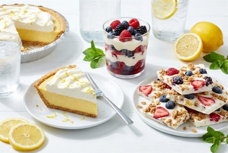 Cool no-bake summer desserts on a bright table with fresh fruit.
