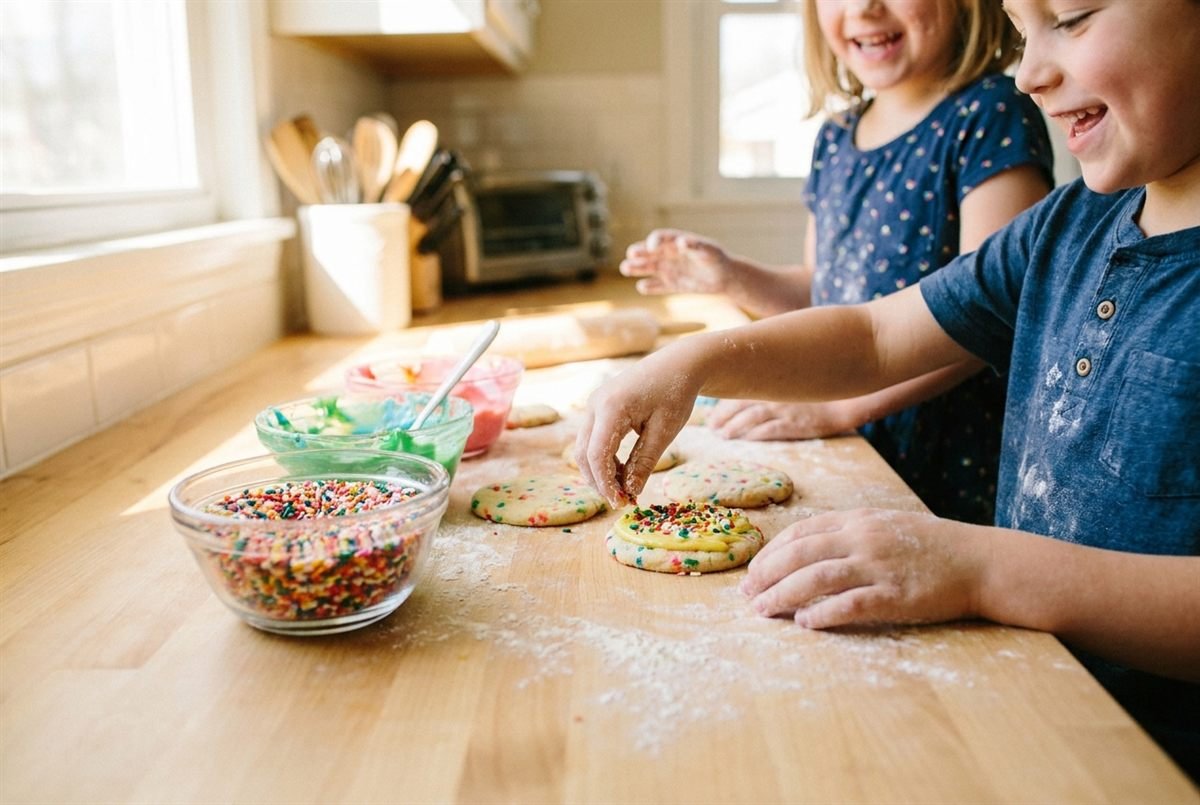 Children decorating sugar cookies with sprinkles at a kitchen counter.