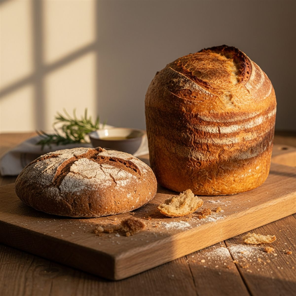 A dense flat loaf next to a tall risen loaf, showing why bread doesn't rise.