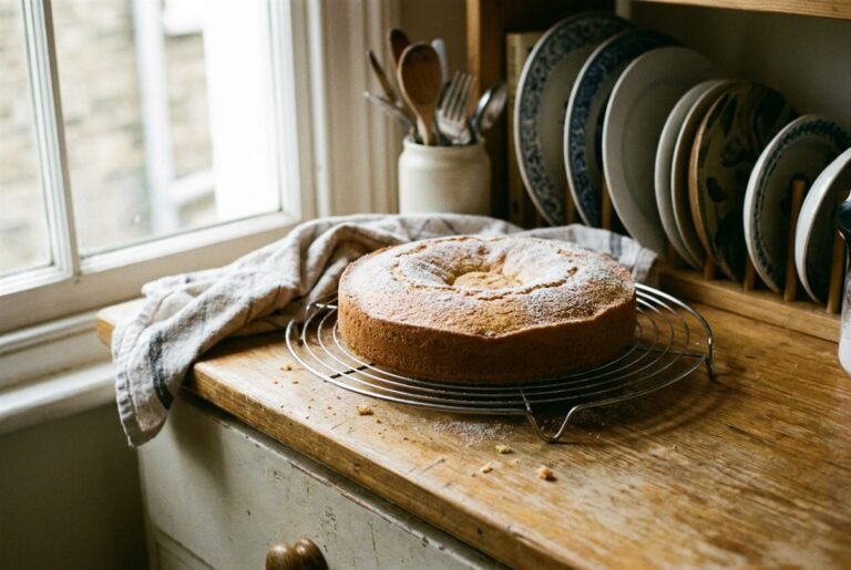 A homemade cake with a slightly sunken middle cooling on a wire rack.