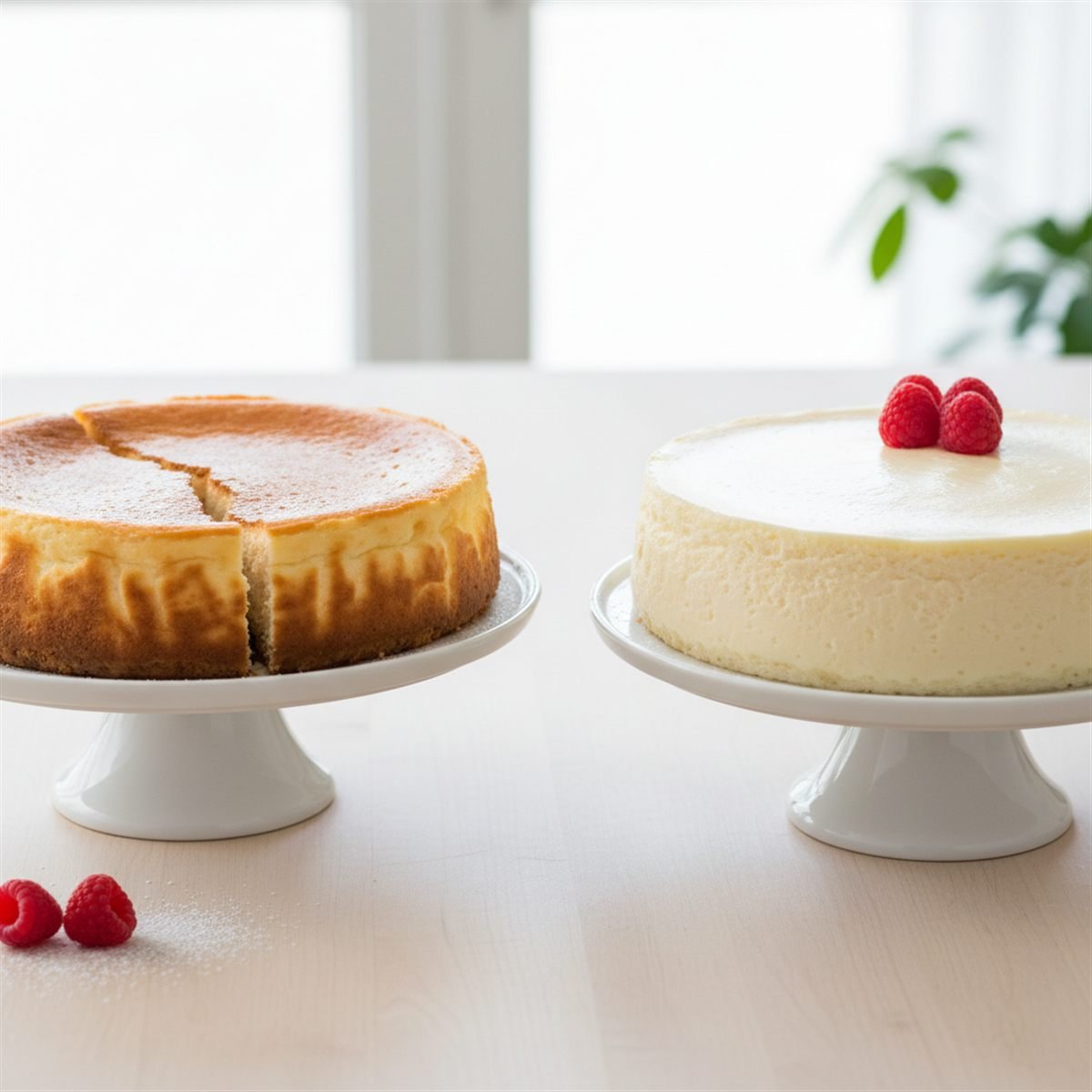 A cracked cheesecake next to a smooth flawless one, showing how to prevent cracks.