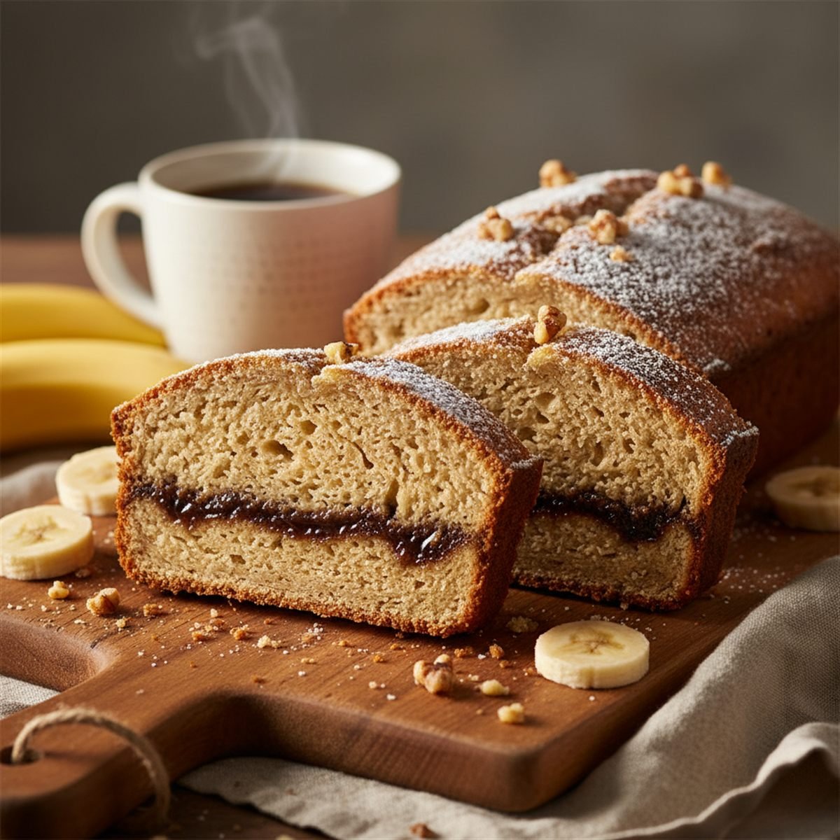 Banana bread with a gummy streak next to a properly baked moist crumb.