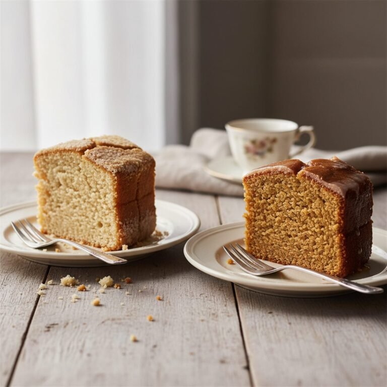 A dry crumbly cake slice next to a moist tender one, showing why cakes turn out dry.